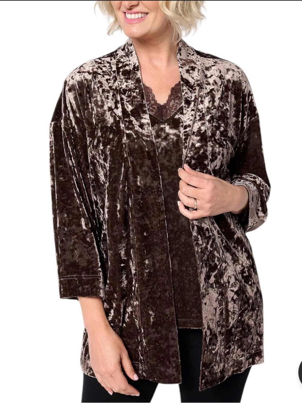Belle Boho Kim Gravel Brown Crushed Velvet Open Front Topper Small Oversized